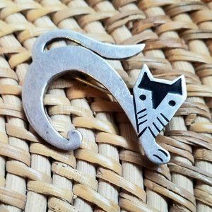 VINTAGE 925 Sterling Silver Vintage Mexico Black Enamel Inlay Cat Pin Brooch